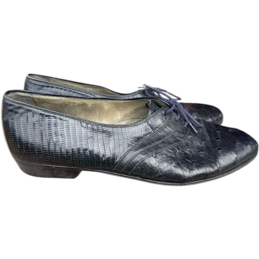 Mens Moreschi Black Ostrich Tie Leather Slip On Loafers Dress Shoes - Sz 9.5